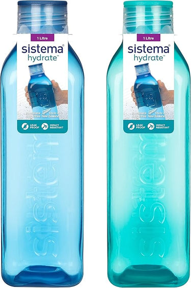 Sistema botella de agua cuadrada de 1 l | Botella de agua sin BPA | Tapa hermética | Lados que facilitan el agarre | Azul océano y verde menta | 2 unidades
